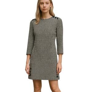 Vintage Wool Dress Nipon Boutique Long Sleeve Button Houndstooth Black 8